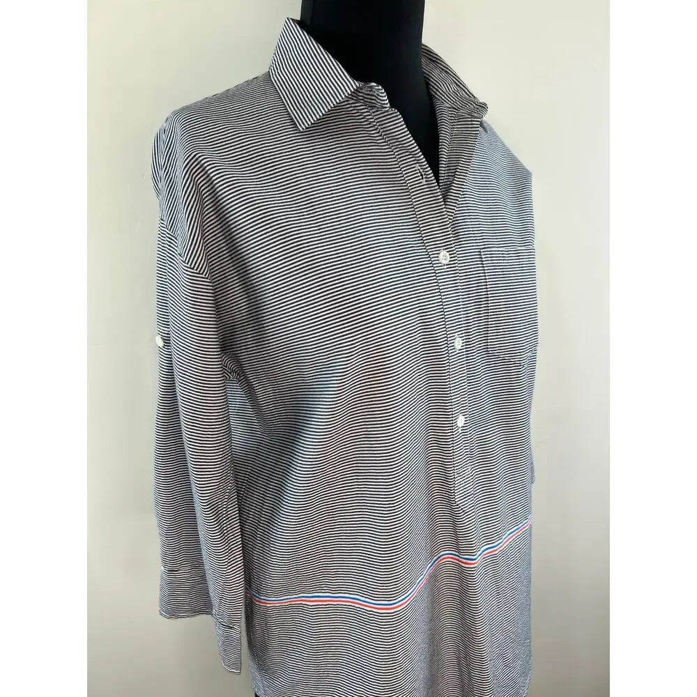 J Crew Black White Striped Roll Tab Sleeve Cotton Boyfriend Popover Size 4